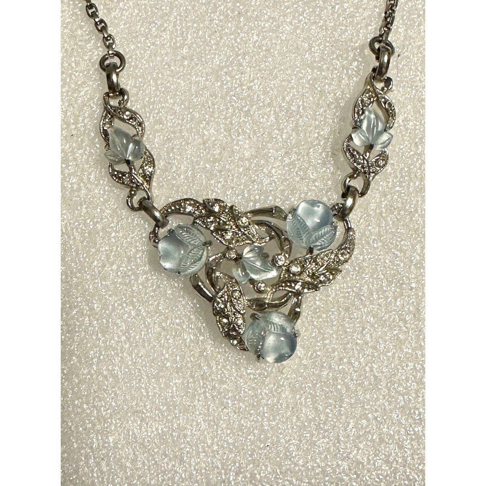 Vintage Fruit Salad Molded Glass Necklace Silver tone & Moonstone